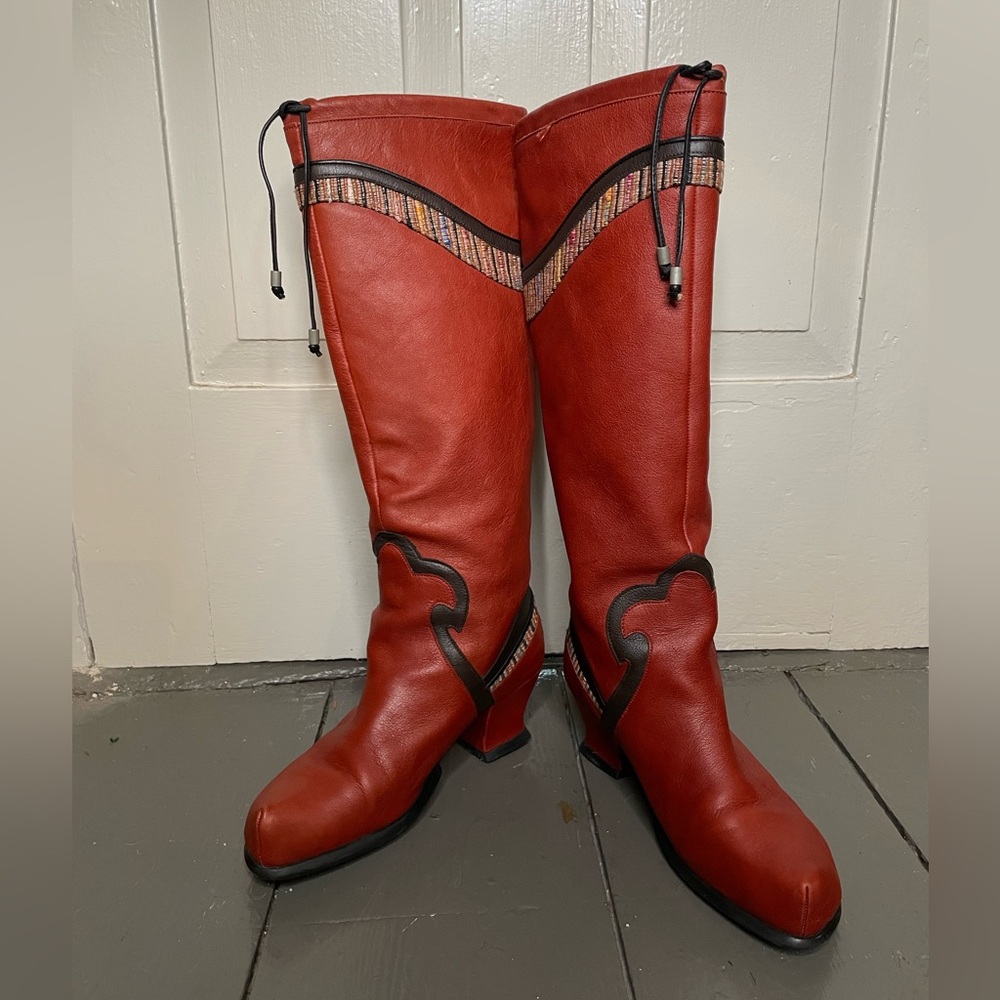 John Fluevog Red Heeled Boots with Striped Detail - Picture 2 of 5